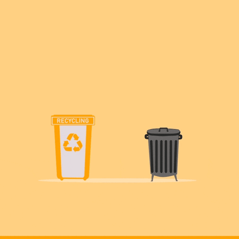 Digital art gif. A graphic of a recycling can and a regular trash can sitting next to each other. A soda can appears above them. The recycling can jumps up, arms opening out of its sides, taking the can. The recycling can sits back down and then a broken wine glass appears above them. This time the trash can pops up, arms coming out of its sides, and its lid opens wide so it can take the glass. Text, “Let’s sort it!”