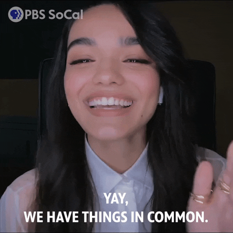 Celebrity gif. Rachel Zegler smiles and claps saying "Yay, we have things in common!"