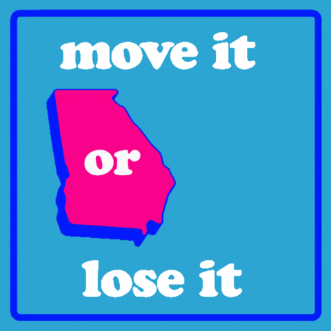 Digital art gif. Five colorful hands over a blue background reach out to the shape of Georgia and push it forward, flanked by the text, “Move it or lose it.” The text changes to “Reproductive rights are on the ballot.”