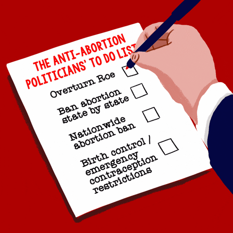 Digital art gif. Hand holding a red marker checks boxes on a checklist against a red background titled “The anti-abortion politician’s to do list.” The list reads, “Overturn Roe, Ban abortion state by state, Nationwide abortion ban, Birth control/emergency contraception restrictions.”