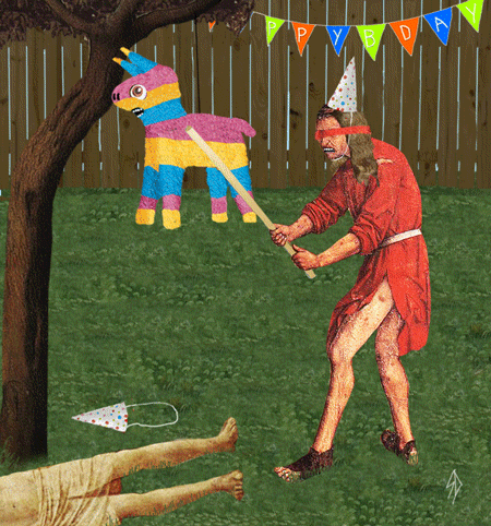 Illustrated gif. Renaissance-painting figure, blindfolded and wearing a party hat, aggressively braces to swing at a piñata hanging from a tree in a fenced-in yard. Another renaissance-era figure lays on the ground with a twitching leg next to a party hat.