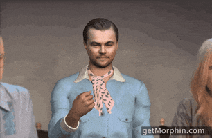 Digital art gif. An computer rendering version of Leonardo Dicaprio throwing confetti in the air. He moves very robotically.
