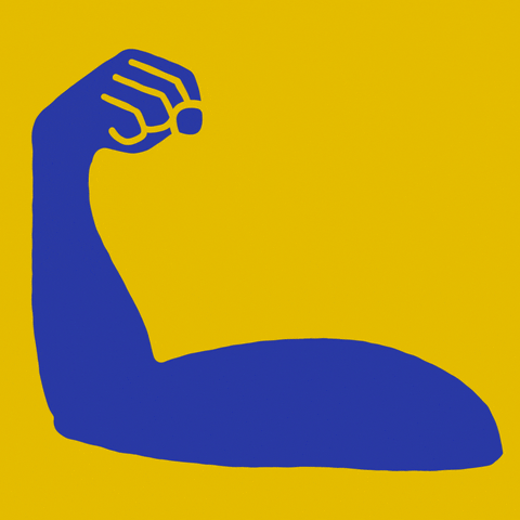 Digital art gif. Animation of a blue arm flexing its bicep forcefully. Text inside the arm reads, "It takes strength to be sober," all against a yellow background.