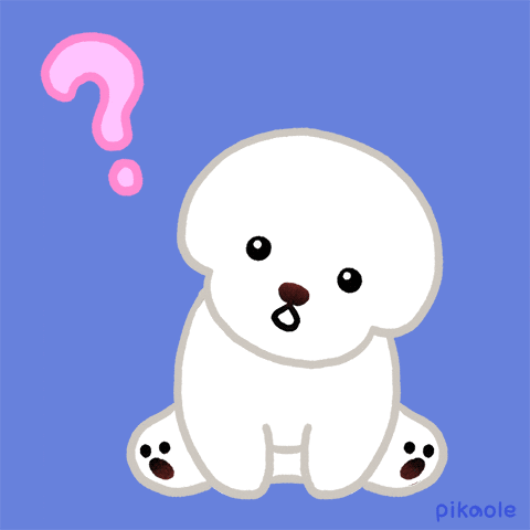Illustrated gif. White bichon dog seated on the ground tilts its head to the side as a pink question mark appears above its head.