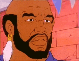 Cartoon gif. Mr. T blinks with a furrowed brow as a single tear drips from his eye.
