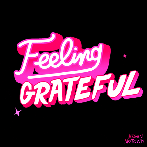 Illustrated gif. Sparkles burst around dancing pink and white text that reads, "Feeling grateful."
