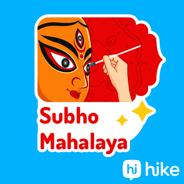 Illustrated gif. Hand paints the eyes of goddess Durga. Red jumping text below reads "Subho Mahalaya."