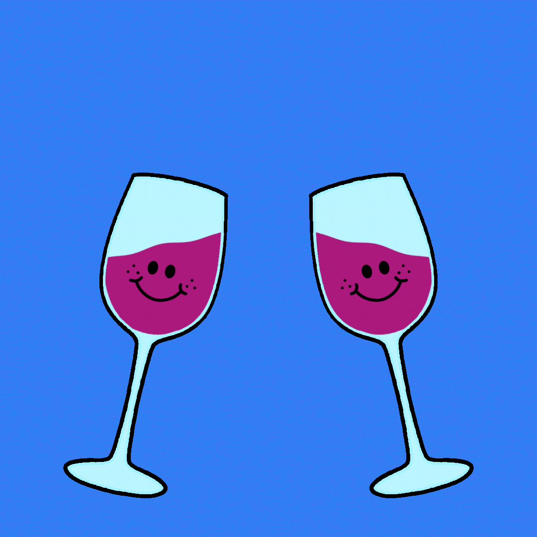 Digital art gif. Two smiling wine glasses full of red wine, clink together, bold white bubble letters zooming in shadowed by a trail of pink, reading, "L'chaim."