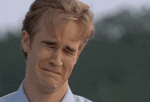 TV gif. Actor James Van Der Beek as Dawson Leery on Dawson's Creek weeps with an exaggerated grimace on his face.