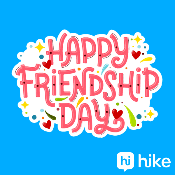 Text gif. Bouncing text with hearts and sparkles on a blue background: "Happy Friendship Day."