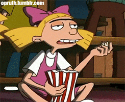 Cartoon gif. Helga from Hey Arnold tosses a couple pieces of popcorn into her mouth and chews them, nonchalant.