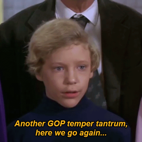 Willy Wonka and the Chocolate Factory gif. Julie Dawn Cole as Veruca shakes her head and screams, throwing her hands in the air. Text, “The election was rigged.” Peter Ostrum as Charlie reacts with an annoyed shrug. Text, “Another GOP tantrum, here we go again…”