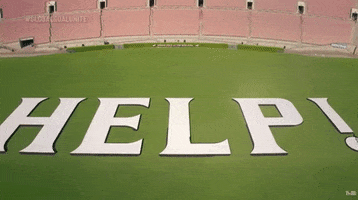 Video gif. Camera pans out on a green expanse at a stadium emblazoned with the word, "Help!"