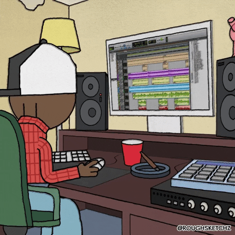 GIF of an animated music producer making music with Pro Tools while smoking a cigarette.