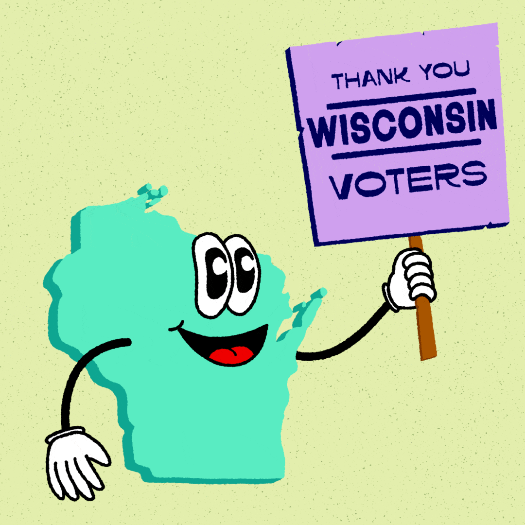 Digital art gif. Seafoam green graphic of the anthropomorphic state of Wisconsin on a butter yellow background holding a purple picket sign that reads "Thank you Wisconsin voters!"