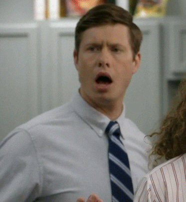 TV gif. Anders Holm as Anders Holmvik on Workaholics looks over at someone and gasps with his eyebrows furrowed like he’s a bit upset. He then lifts his eyebrows up and tilts his head in surprise.