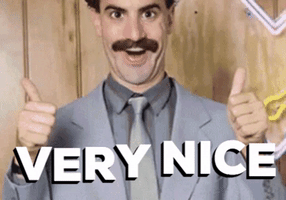 Movie gif. Sacha Baron Cohen as Borat holds two thumbs up and says, "Very nice."