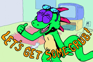 Illustrated gif. A rad lizard smiles widely and gestures behind him with his thumb, saying, "Let's get some grub!"