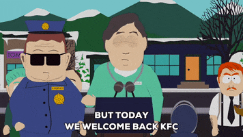 South Park gif. Dr. Doctor gives a press conference at a podium, saying, "But today we welcome back KFC and all the medical benefits it gives us," which appears as text.