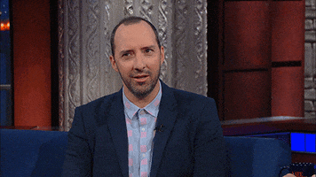 TV gif. Tony Hale on The Late Show with Stephen Colbert looking confused but nodding.