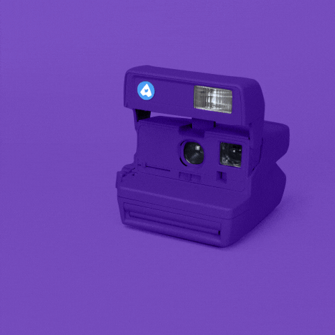 Video gif. A purple polaroid camera prints out a picture that has the word, "YAS," on it and the flash goes off.