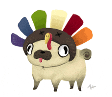 Cartoon gif. A pug dog wearing a turkey costume on its head, bounces up and down as the feathers of the turkey tail bounce around on its head. 
