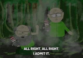 South Park gif. Mr. Garrison stands with and stares angrily at his alternative self in a dark, nightmarish forest with smoke wafting through. His alternative self is defenseless as he confesses, "All right, all right. I'll admit it. I'm gay!" His eyes widen after uttering those words out loud, and he repeats sheepishly, "I'm... gay."