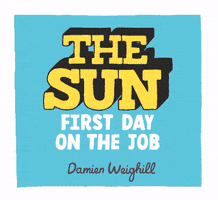 Illustrated gif. A title card appears that says "The Sun. First Day on the Job. Damien Weighill," followed by a sun floating in a cloudy sky over an ocean. The sun attempts to stop itself from setting by screaming and blowing downwards towards the horizon. Tears well up in its eyes as it falls past the horizon. 