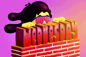 Illustrated gif. Gawking over the edge of a red brick wall that reads "Wednesday," and wearing sunglasses that read "Weekend," a mustachioed man's long brown hair floats in the wind.