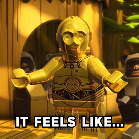Star Wars gif. LEGO C-3PO dances a stilted disco move backwards and forwards, the text “It feels like…” wait for it “FRIDAY!”