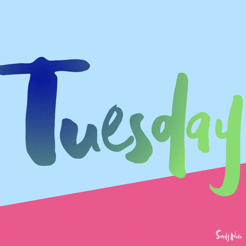 Text gif. Light blue and hot pink background with dark blue and green gradient text. Text, “Tuesday.”