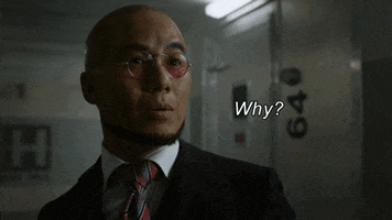 TV gif. BD Wong as Hugo Strange in Gotham, shrinks back slowly, eyebrows raised, and apprehensively inquires, "Why?"