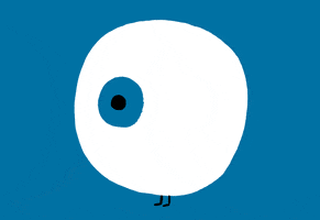 Cartoon gif. A large eyeball with two tiny stick legs and feet fills the screen. It looks to the side and then back at us, blinking with long lashes.