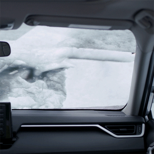 Movie gif. In The Road Home for Christmas, from inside of a snow-covered car, we watch an older blonde woman scrape down the windshield with a squeegee, peek in, then smile and wave.