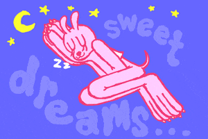Illustrated gif. Pink anthropomorphic bunny with big feet and hands sleeps happily, resting their head on their big hands. They snore under a crescent moon and stars. Text, “Sweet dreams…”