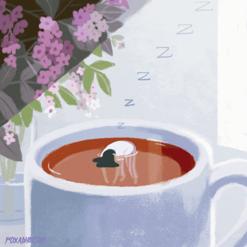 Illustrated gif. A tiny exhausted woman breathing gently sleeps face down inside of a full mug of coffee as a continuous line of Z’s floats away from her.