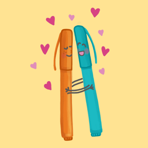 Digital art gif. Orange and blue smiling insulin pens hug happily as hearts dance around them.