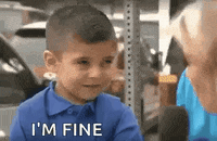 Meme gif. In an interview with a TV reporter, a little boy's smiling turns into crying, as he covers his face with his hands. Text, "I'm fine."