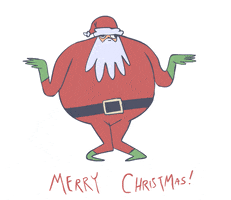 Illustrated gif. A very round Santa Claus, wears his red suit and green gloves shoes, red and white hat pulled low over his brows. He kicks a leg out to the side, as he dances back and forth. Bouncing red text reads, "Merry Christmas!"