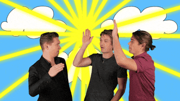 Celebrity gif. The three members of Hanson give a high five, causing a sunburst.