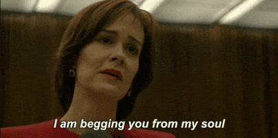TV gif. Sarah Paulson as Marcia in American Crime Story speaks to someone with pleading eyes. Text, "I am begging you from my soul."