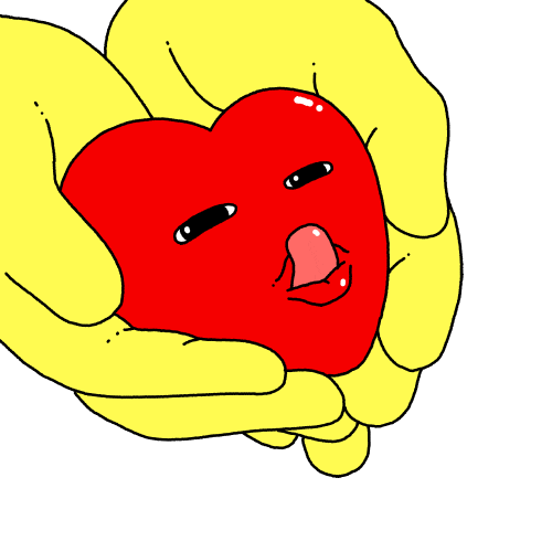 Digital art gif. A hand is cupping a heart in its palms. The heart has hooded eyes and it sticks its tongue out to lap it up and down slowly.