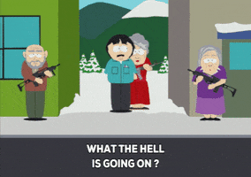 South Park gif. Randy Marsh is being escorted out by a grandma with a gun. He looks confused as he says, "What the hell is going on?" and she snaps and says, "Shut your pie hole and get over there!"