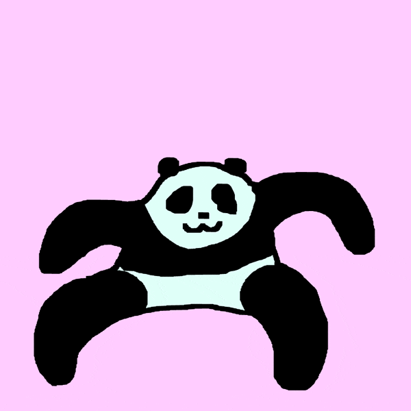 Illustrated gif. Panda does jumping jacks, then more jumping pandas appear behind it in exponentially larger rows.