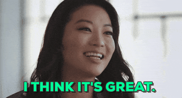 Celebrity gif. Arden Cho tips her head with a pleasant expression, saying "I think it's great."