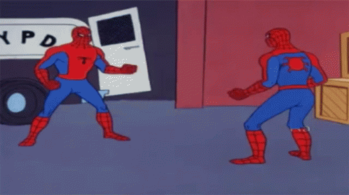 Meme gif. 60s cartoon Spider-Man points at another Spider-Man pointing back at him.