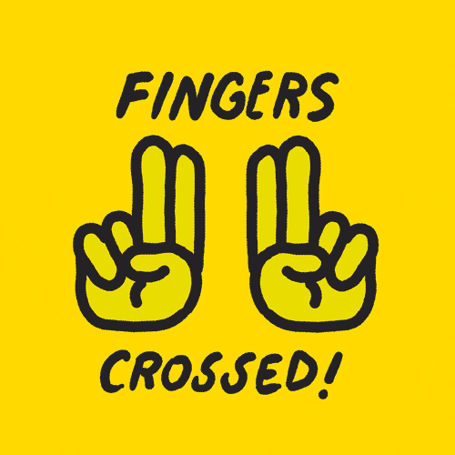 Digital art gif. Line drawing animation of two hands holding up two fingers each. The fingers of each hand cross and stretch to the point where they are coiling around each other. Text, "Fingers crossed!"