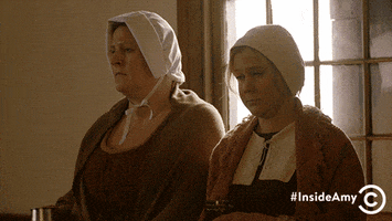 TV gif. Amy Schumer on Inside Amy Schumer is dressed like a puritanical woman from the Crucible. She stands next to a woman in the same fashion of clothes in front of a brightly lit window. They clink their cups together without looking at each other and take a sip of their drinks.