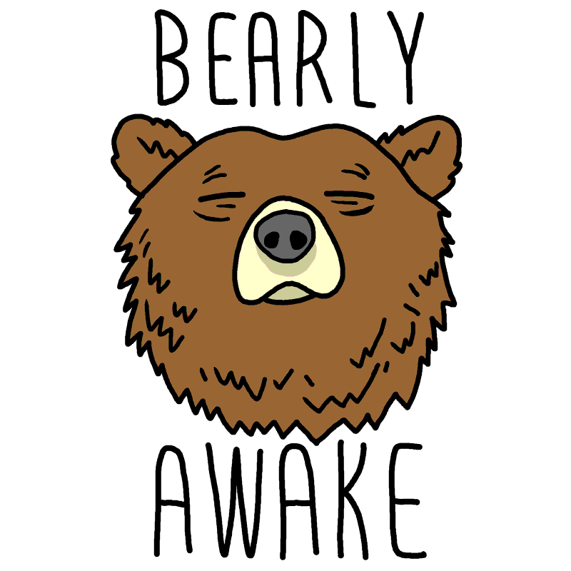 Digital art gif. A brown bear sheepishly opens and closes it eyes. Black text above and below it reads, "Bearly awake" with bear spelled like the animal.