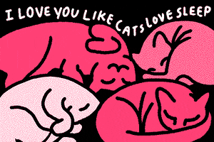 Digital art gif. Four pink cats colored with varying shades of pink curl up together as they sleep in different positions. White handwritten text reads, "I love you like cats love sleep."